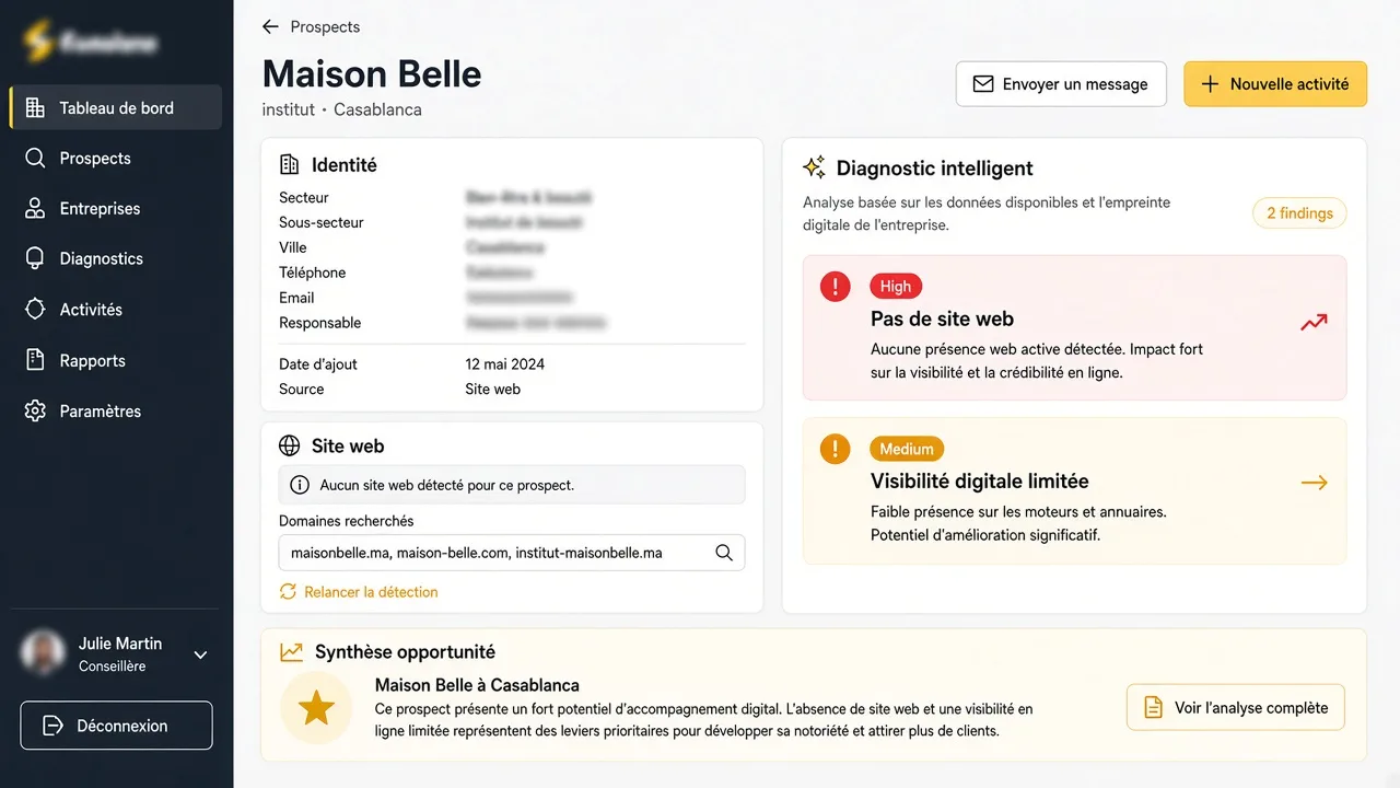 Interface anonymisée de diagnostic métier
